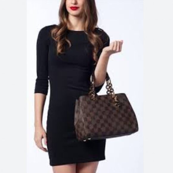 Michael Kors Cynthia Medium Brown Checkered Check Chain Strap Satchel Bag Purse - Picture 8 of 11